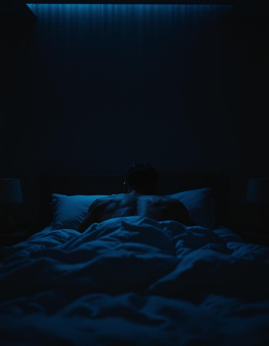 Man lying in bed at night, facing away, distance visible across the sheets