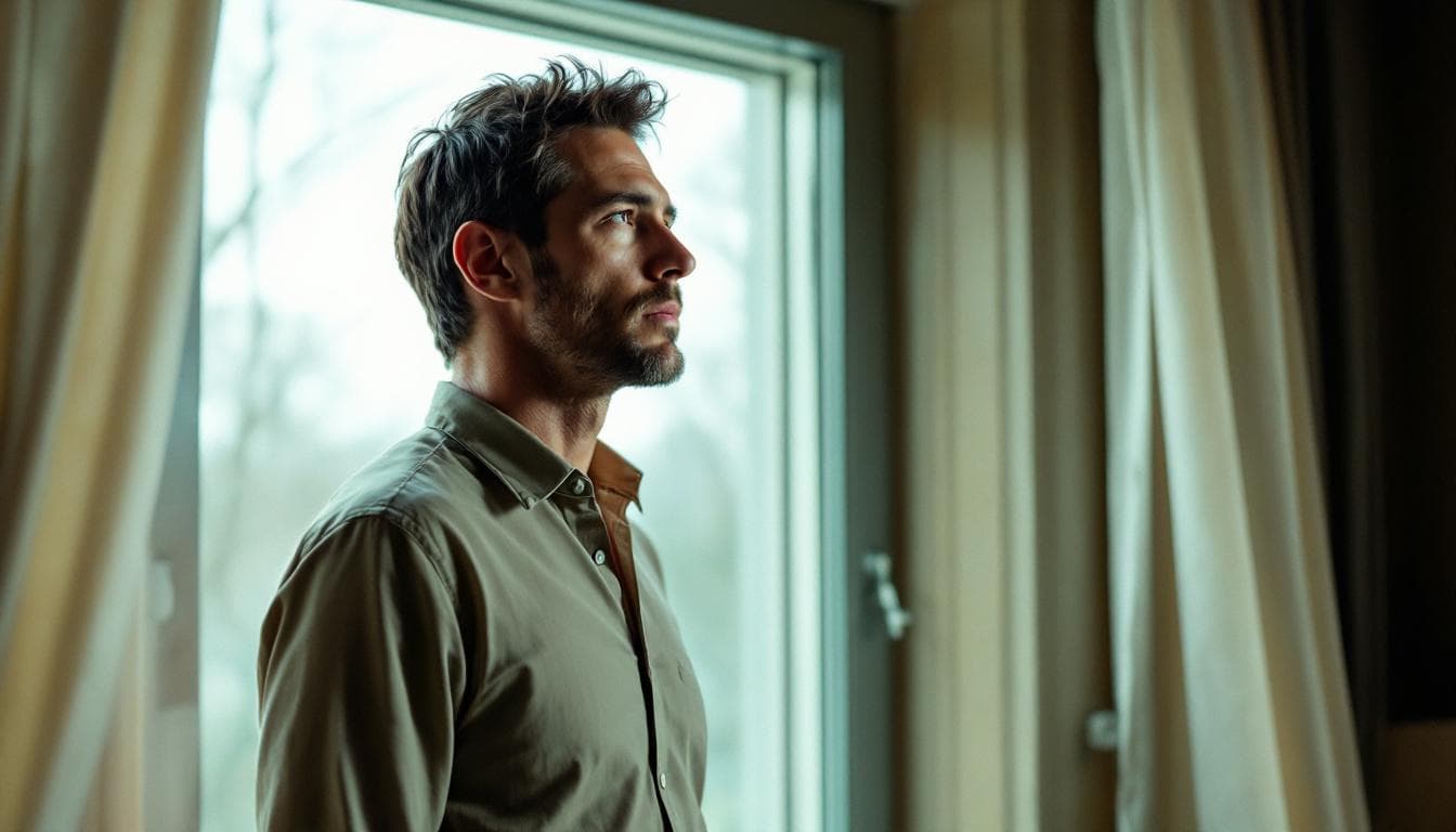 Man standing at a window in soft morning light, posture open, room warm behind him