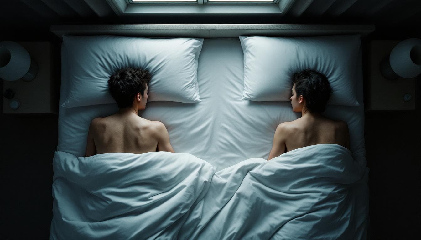 A king bed at twilight with two figures sleeping at opposite edges