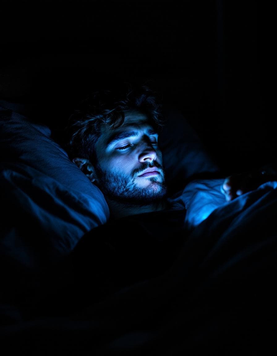 Man at night with his face lit only by the cold blue light of a phone screen