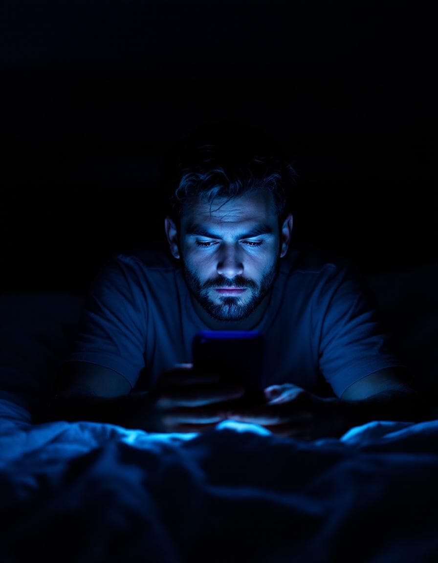 Man at night with his face lit by a phone screen, lying in bed