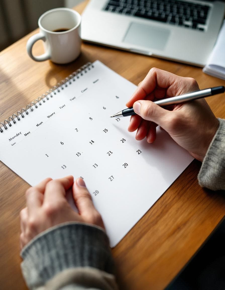 Hand holding a pen over a paper calendar with sparse marks, soft morning light