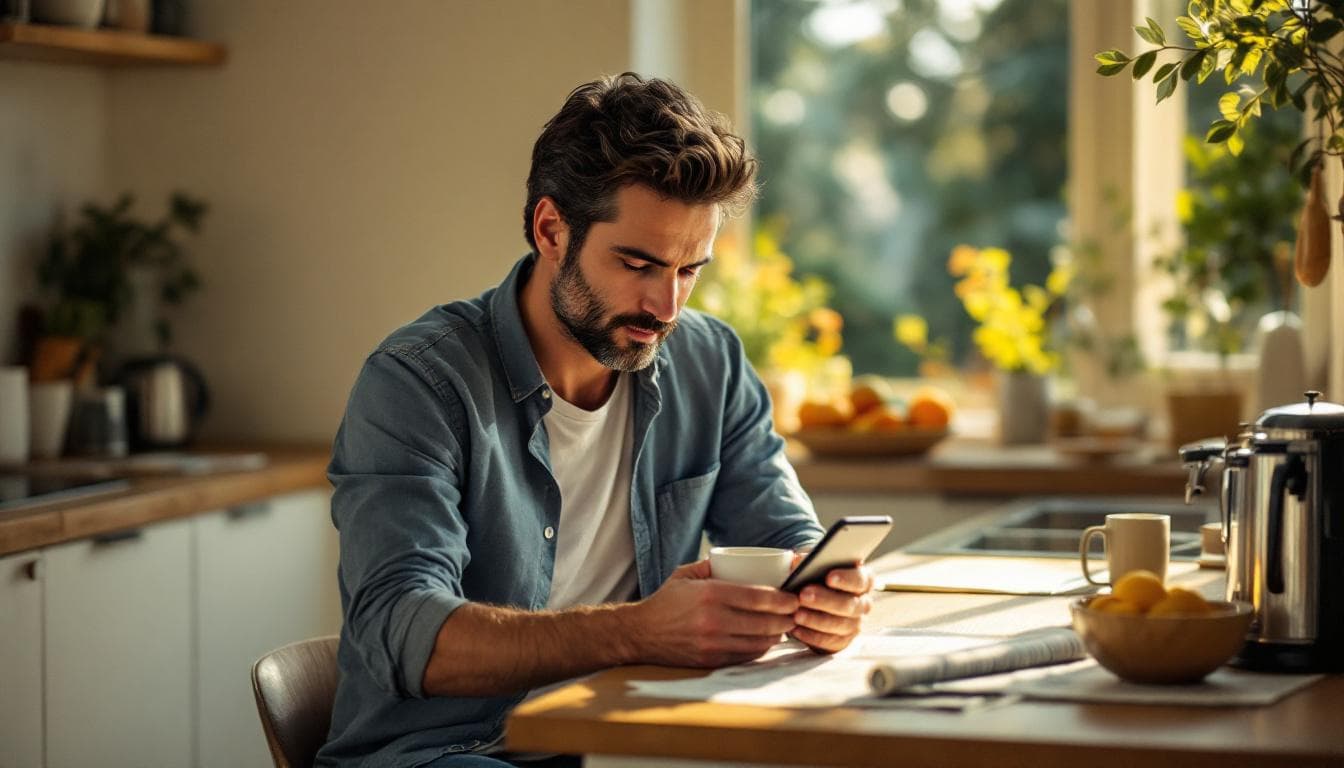 Man at a kitchen counter alone with coffee, looking thoughtfully at his phone