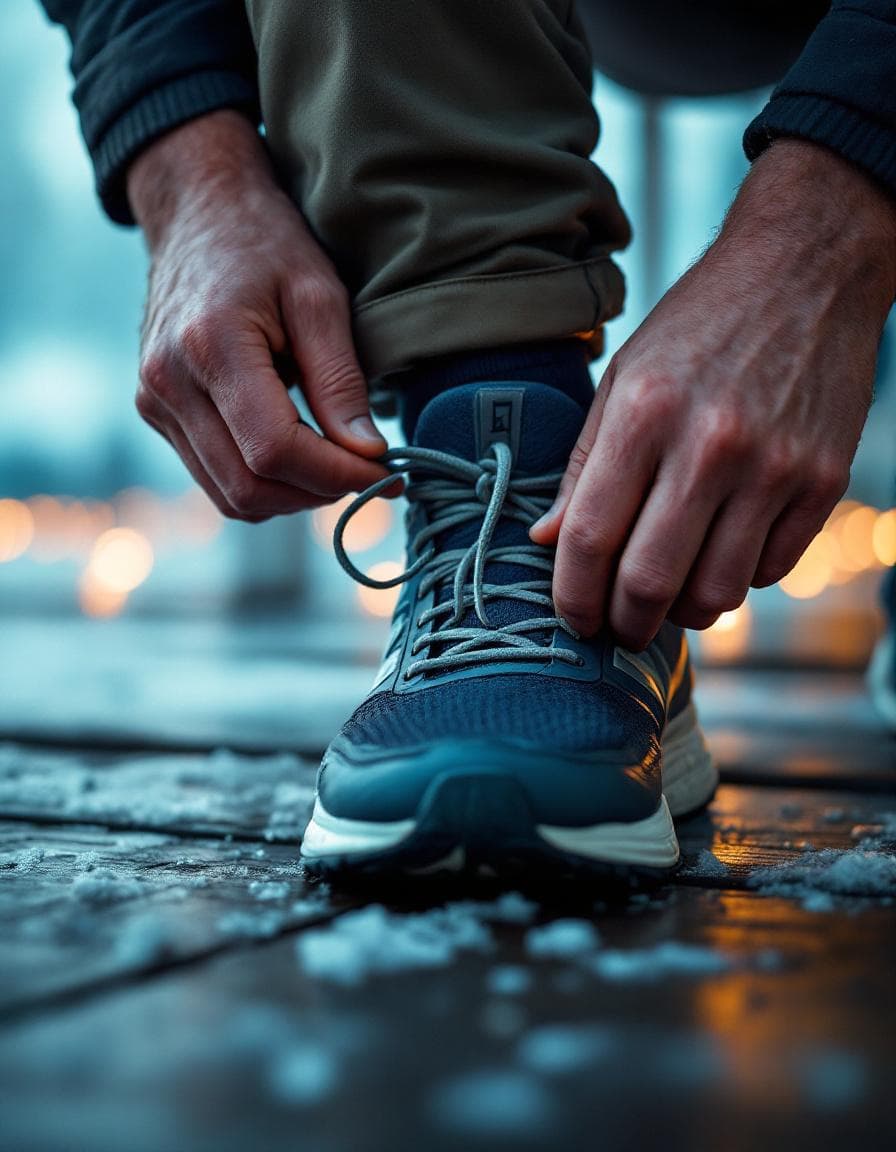 Hand tying a running shoe on a wooden porch step at dawn