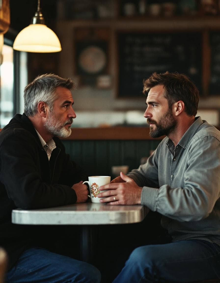 Two men at a counter in a diner, having a conversation over coffee