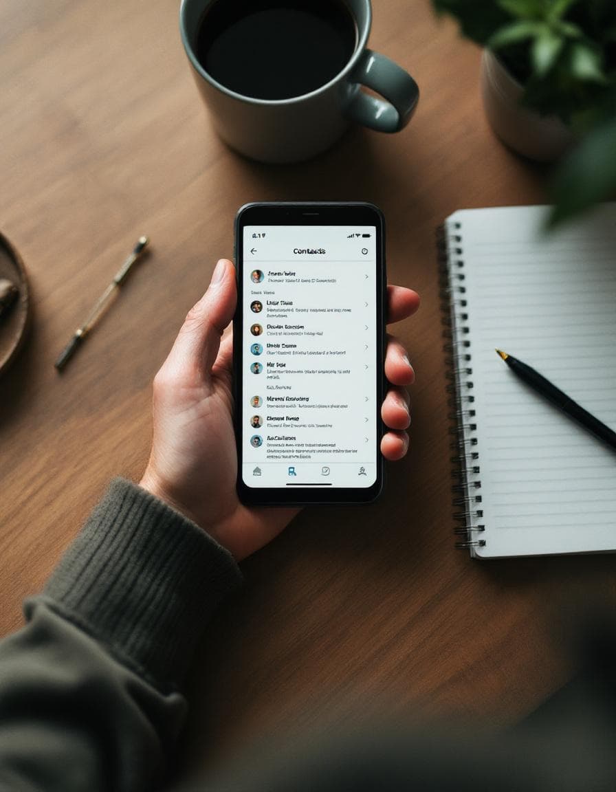 Hand scrolling on a phone above a notebook and coffee cup on a wooden table