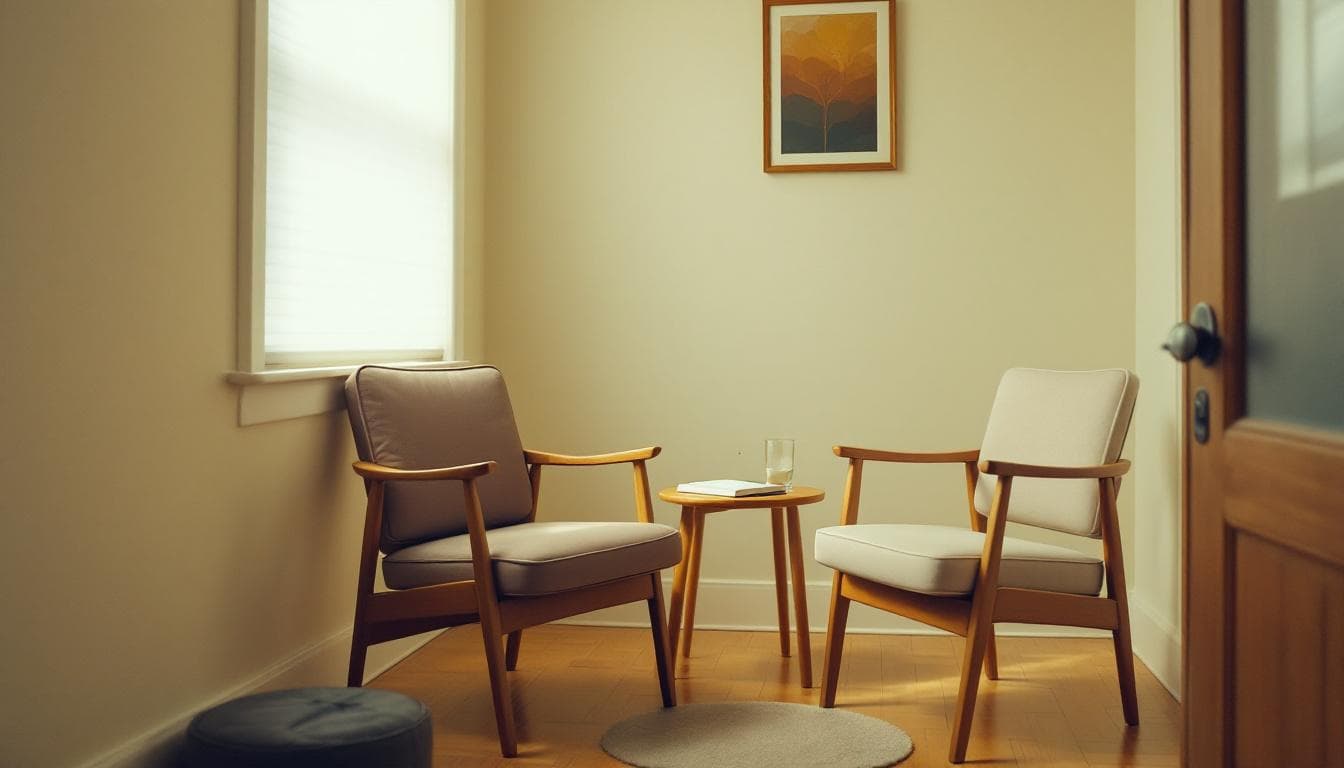 Two empty chairs facing each other in a quiet office with soft daylight