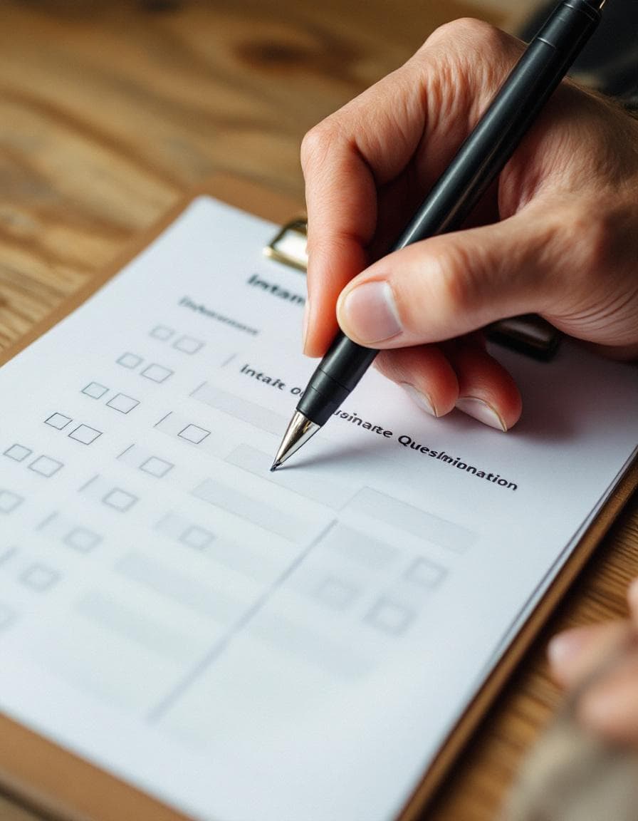Hand holding a pen over an intake clipboard in warm side light