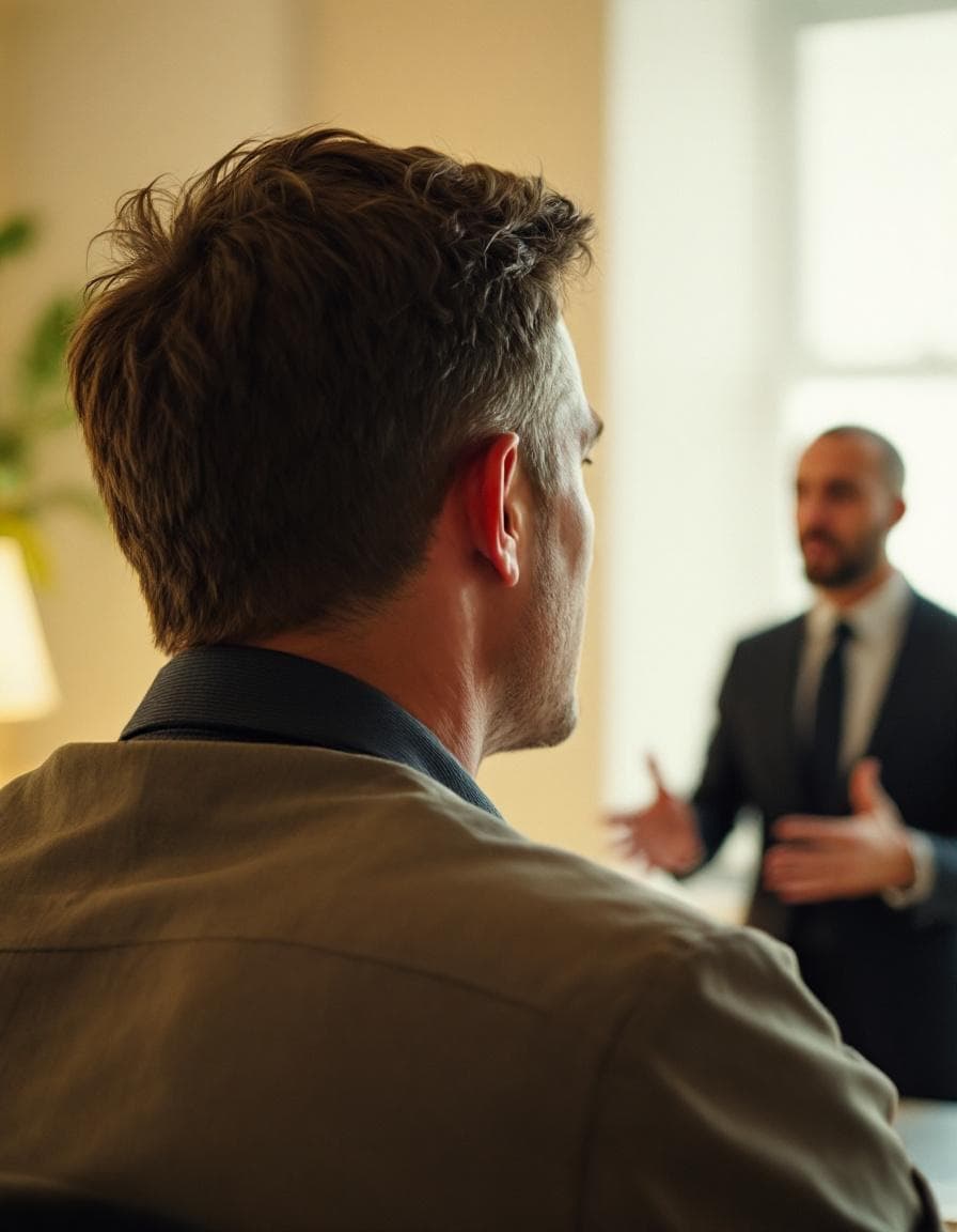 Back of a man's head listening, second figure across from him out of focus