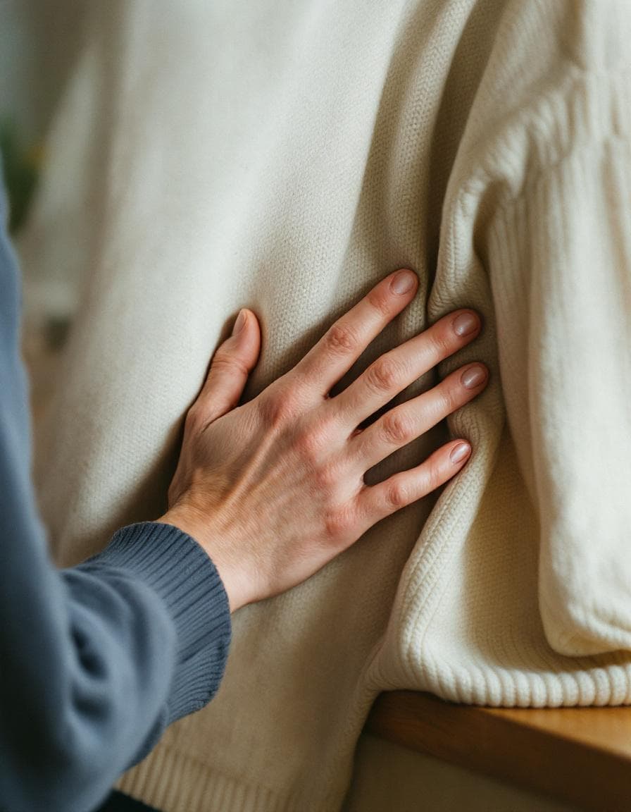 A man's hand resting briefly on a woman's lower back at a kitchen counter, both turned slightly away