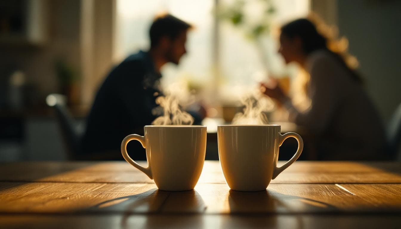 Two coffee mugs on a wooden kitchen table with two figures softly out of focus behind them