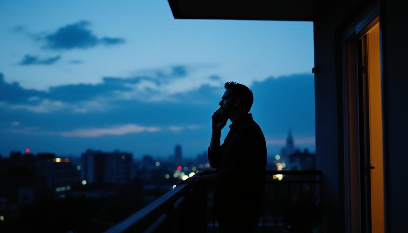 Man on a balcony at twilight, phone to his ear, making a call he had been avoiding