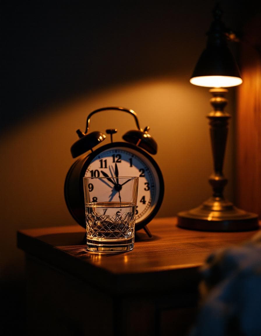 An analog clock showing 3am beside a glass of water in soft lamp light
