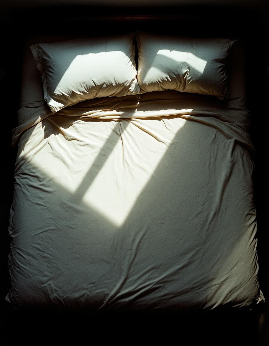 An unmade king bed seen from above with one side undisturbed for days