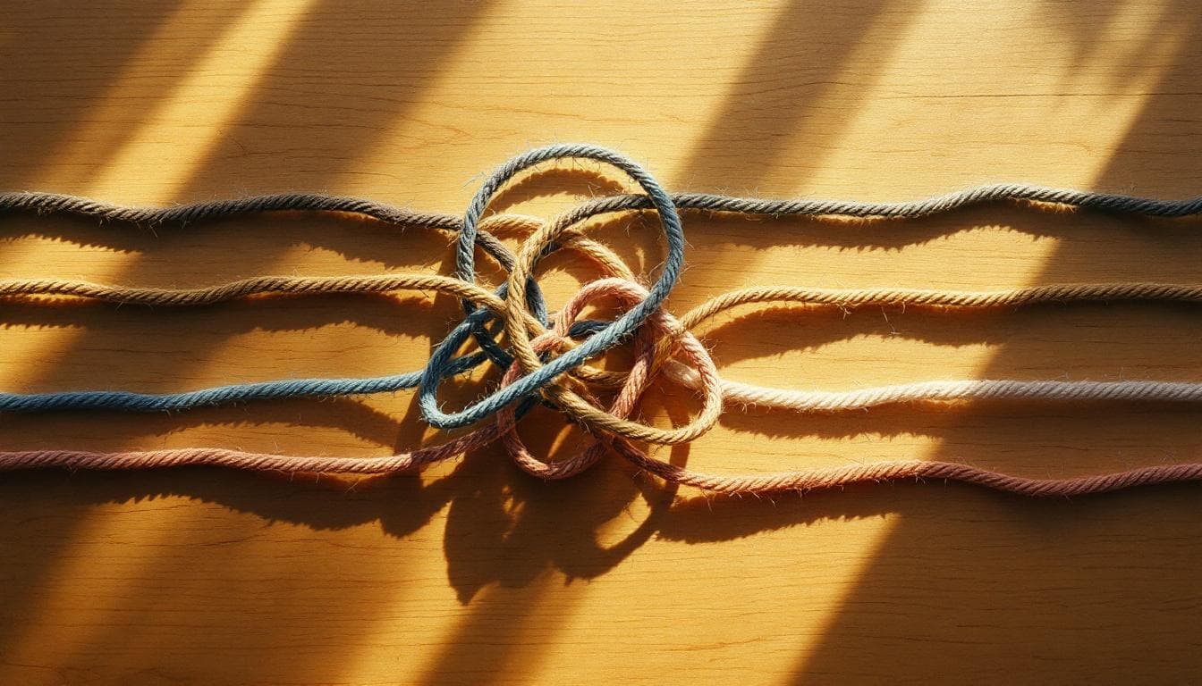 Four frayed threads of different colors tangled on a wooden desk