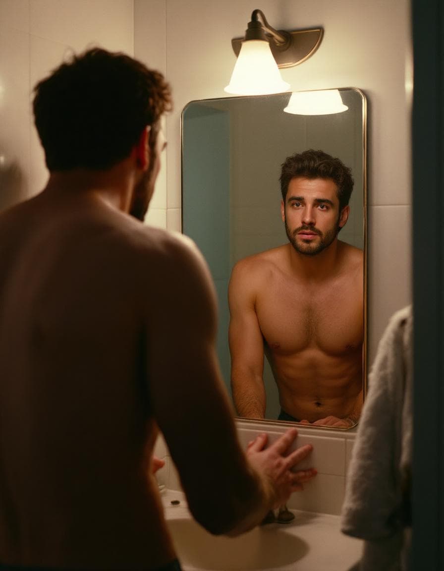 Man at a bathroom sink in evening light, his face in shadow in the mirror
