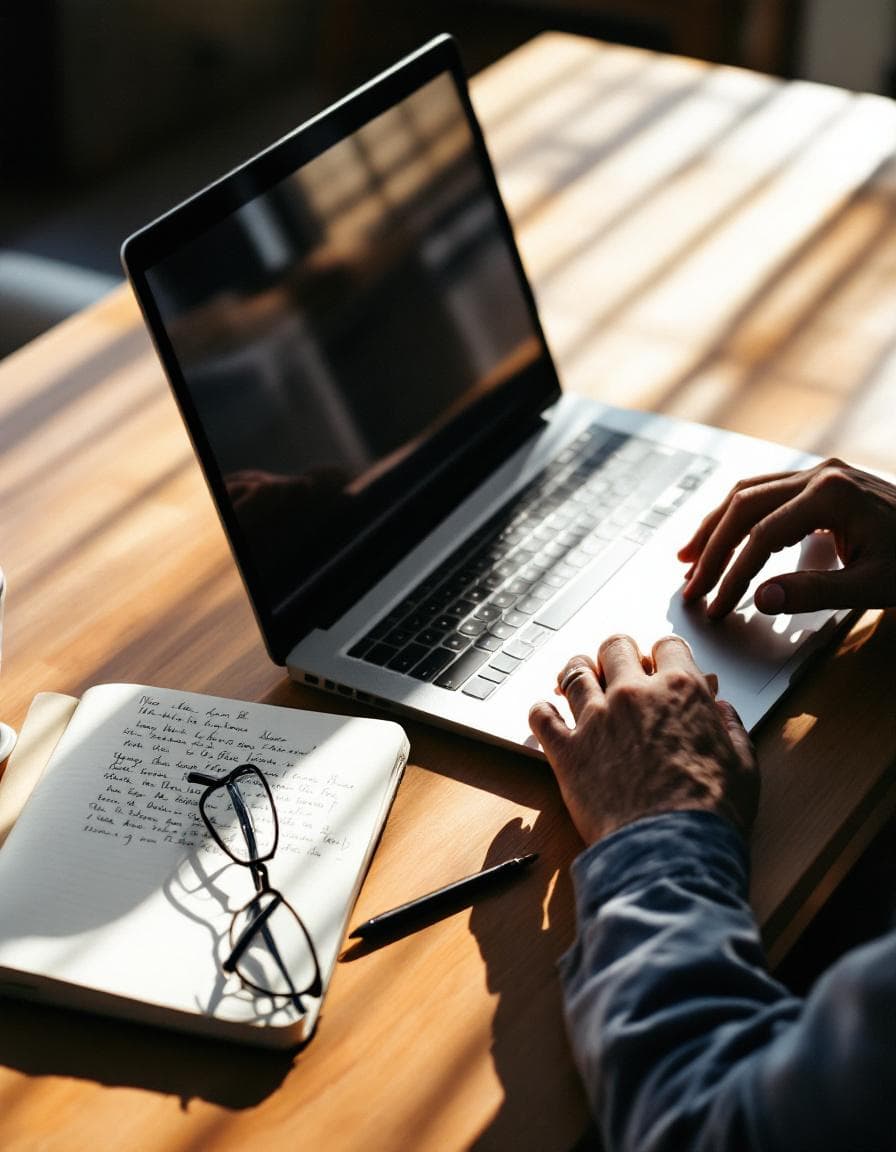 Man's hands on a laptop keyboard at a clean wooden desk in morning light